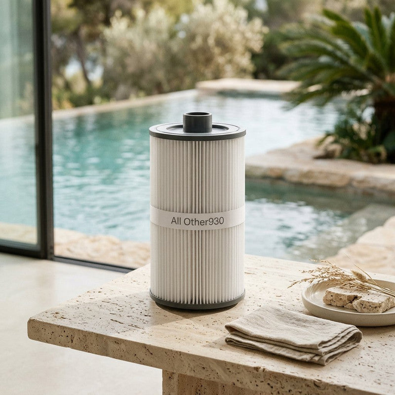 Heavy-Duty Pool Filter Cartridge on travertine table by pool