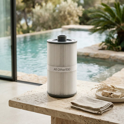 Heavy-Duty Pool Filter Cartridge on travertine table by pool
