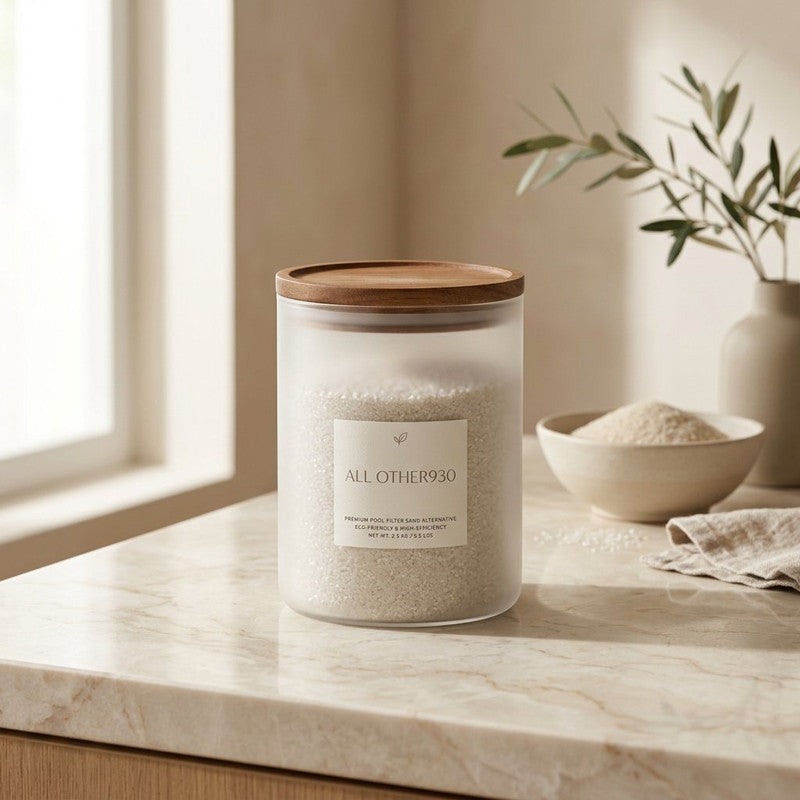 Eco-Friendly Pool Filter Sand Alternative in frosted jar