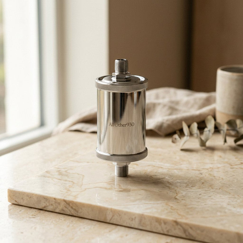 Stainless Steel Inline Water Filter on marble slab
