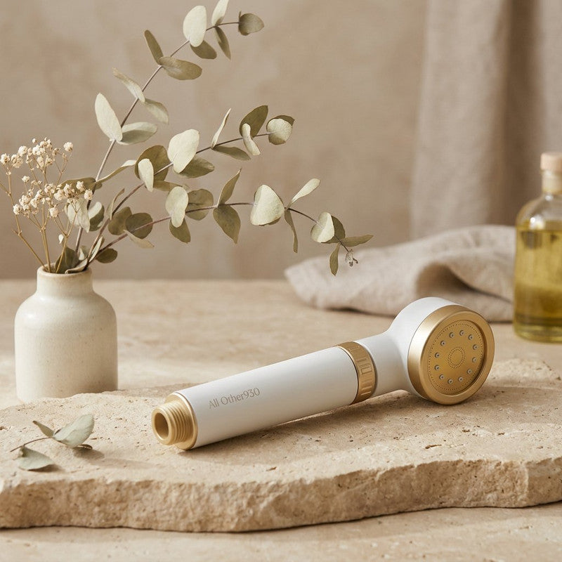 Luxury Shower Head Water Filter on travertine with eucalyptus